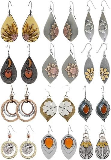 12 Pairs Vintage Geometric Druse Crystal Drop Dangle Earrings Ethnic Style Vintage Boho Jewelry Waterdrop Earrings Jewelry Set for Women