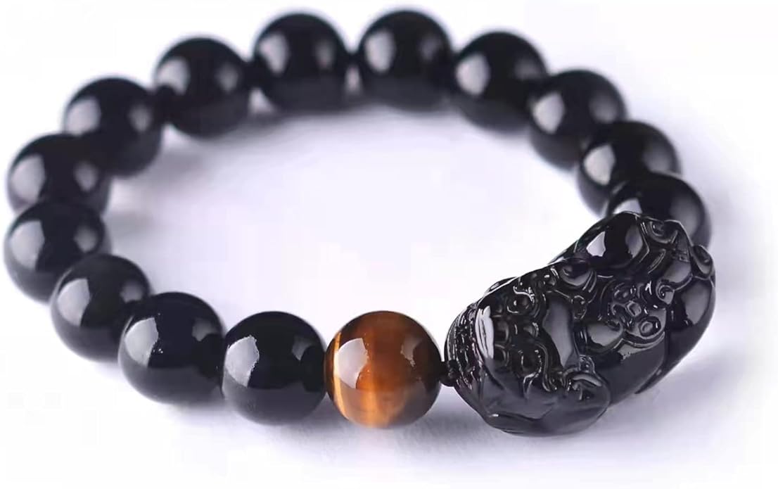 Black Obsidian Bracelet,Feng Shui Black Obsidian Wealth Bracelet for Women Men Stretch Obsidian Bracelet Bangle with Pixiu Tiger Eye Stone Attract Wealth Money and Good Luck