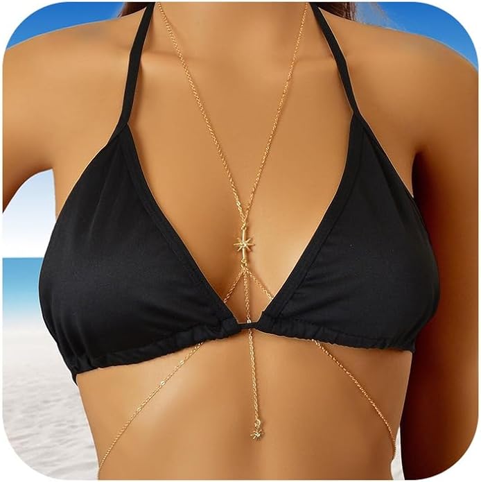 14K Gold Body Chains for Women, Sexy Layered Belly Waist Chain Bikini Bra Chain, Summer Beach Rhinestone Body Jewelry