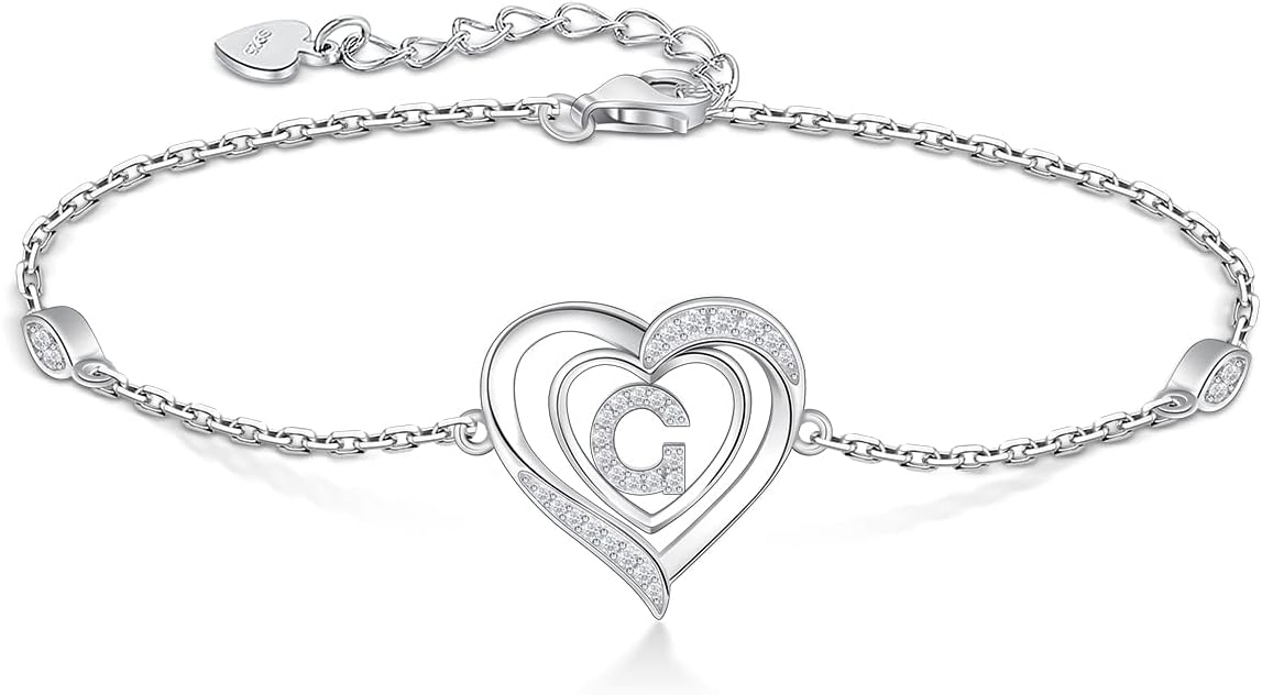 RIVIKO Heart Initial Bracelets for Women,925 Sterling Silver Letter Bracelets, Personalized Charm Alphabet Jewelry Valentines Christmas Mother’s Day Birthday Gifts for Women Friend Her Mom Wife Lady