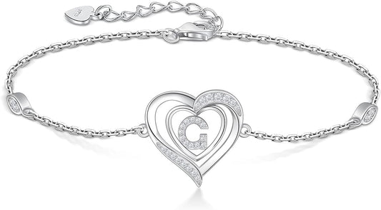 RIVIKO Heart Initial Bracelets for Women,925 Sterling Silver Letter Bracelets, Personalized Charm Alphabet Jewelry Valentines Christmas Mother’s Day Birthday Gifts for Women Friend Her Mom Wife Lady