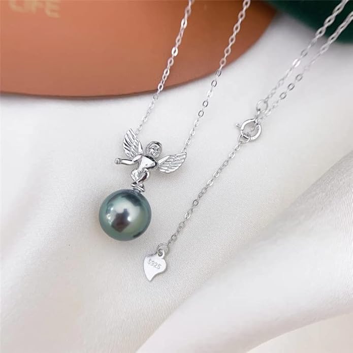 Black Pearl Necklaces for Women With Genuine AAAA Quality Real Tahitian Cultured Pearl Pendant With Angels Design | 18K Gold Plated 925 Sterling Silver Necklace