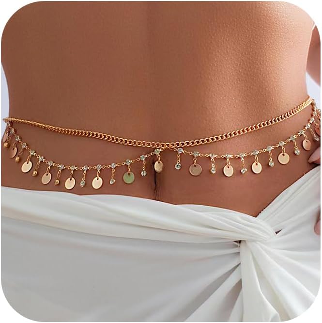 MODRSA Gold Chain Belt - Fashion Waist Chain Belt with Moon, Butterfly Rhinestone & Layered Design