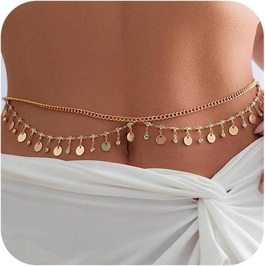 MODRSA Gold Chain Belt - Fashion Waist Chain Belt with Moon, Butterfly Rhinestone & Layered Design