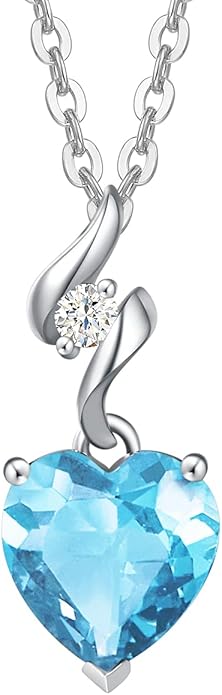 AGVANA 14K Solid White Gold Diamond Gemstone Pendant with Sterling Silver Chain 8mm Heart Birthstone Necklace Fine Jewelry Anniversary Birthday Gifts for Women Mom Wife