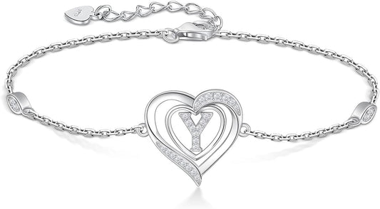 RIVIKO Heart Initial Bracelets for Women,925 Sterling Silver Letter Bracelets, Personalized Charm Alphabet Jewelry Valentines Christmas Mother’s Day Birthday Gifts for Women Friend Her Mom Wife Lady