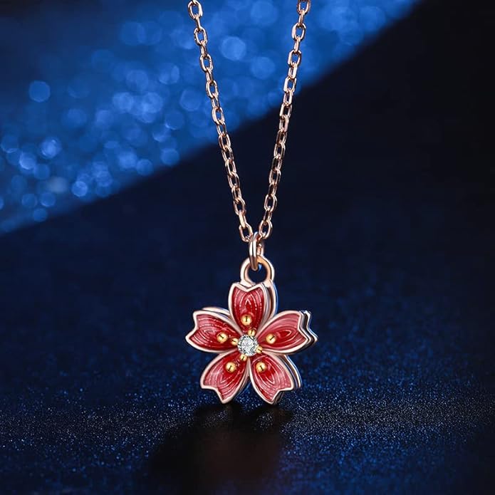 14K Women Gold Flower Chain Necklace,Dainty Sakura Floral Pendant Necklace with Moissanite Diamond,Gift for Mom, Wife, Girlfriend