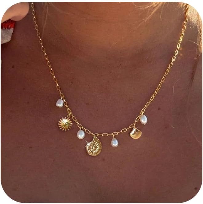 Charm Necklace for Women - Dainty Gold Paperclip Beach Charm Necklace Cute Shell Necklace Moon Star Accessory Beach Cross Hexagram Pendant Preppy Stuff Summer Jewelry for Women