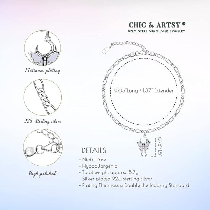 CHIC & ARTSY Womens Sterling Silver Created Opal Layered Anklet Bracelet Dainty Beaded Chain Adjustable 11" Best Friend Anklet