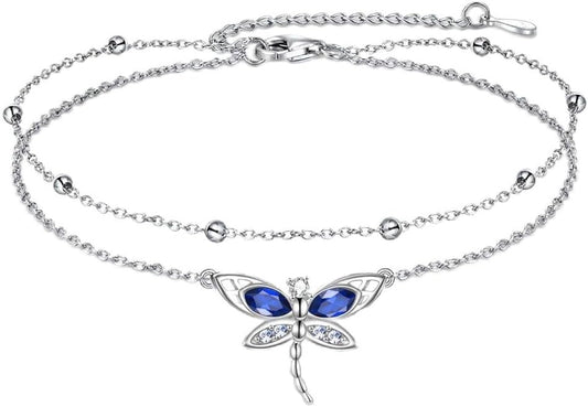 TIGER RIDER Dragonfly Anklet Sterling Silver Dragonfly Gifts Jewelry for Women with Crystal Birthday Anniversary