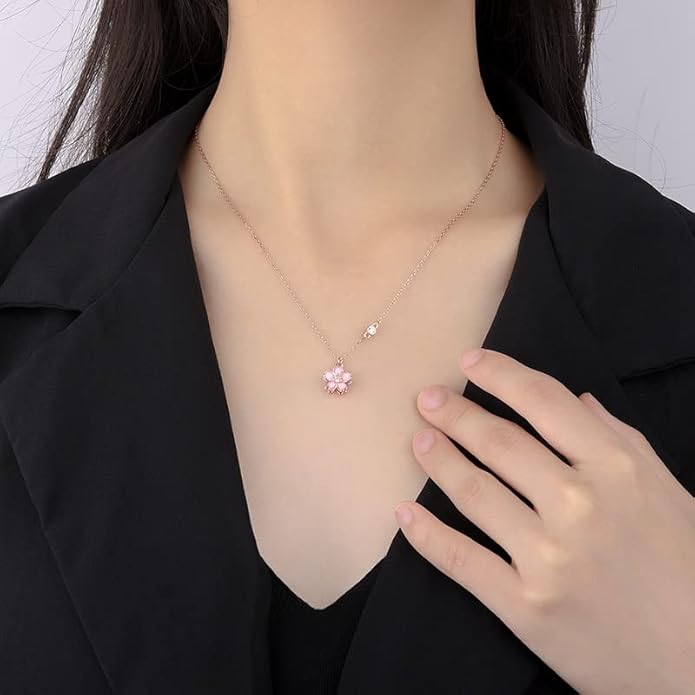 14K Women Gold Flower Chain Necklace,Dainty Sakura Floral Pendant Necklace with Moissanite Diamond,Gift for Mom, Wife, Girlfriend