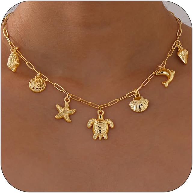 Charm Necklace for Women, 14K Gold Plated Shell Sun Starfish Summer Beach Necklace 16+3" Paperclip Chain Jewelry Gifts