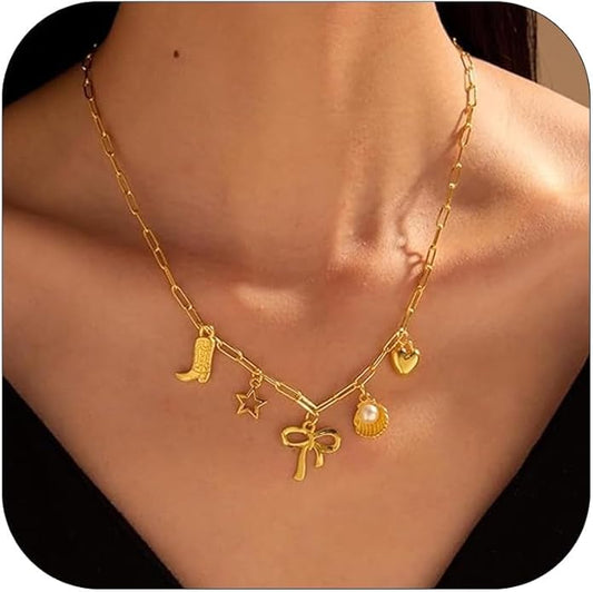 Choistily Charm Necklace Dainty Gold Western Outfit Beach Jewelry for Women Trendy Cowgirl Accessories for Women Gold Bow Sea Shell Pendant Necklace Preppy Stuff Summer Jewelry 2025