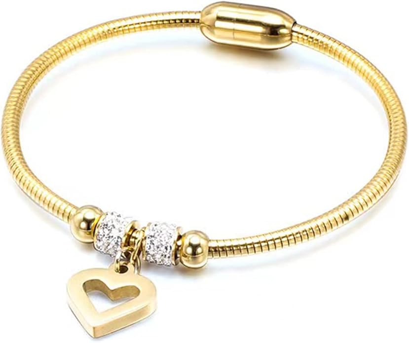 KunBead Heart Charm Birthday Bracelet Stainless Steel Love Bangle Cuff Jewelry Bracelets for Women