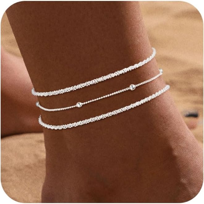 Ankle Bracelets for Women 14K Real Gold Silver Plated Ankle Bracelets Waterproof Heart Beads Rope Satellite Anklets Set Adjustable Layered Anklet Bracelets No Tarnish Summer Beach Jewelry Gift