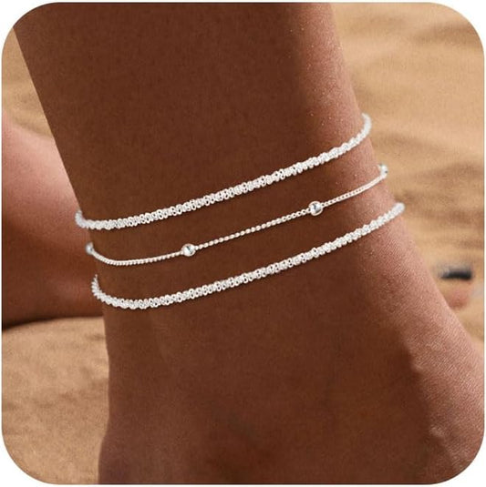 Ankle Bracelets for Women 14K Real Gold Silver Plated Ankle Bracelets Waterproof Heart Beads Rope Satellite Anklets Set Adjustable Layered Anklet Bracelets No Tarnish Summer Beach Jewelry Gift