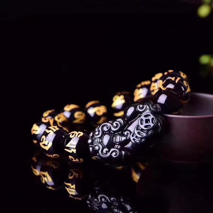 Feng Shui Handmade Obsidian Pi Yao/Pi Xiu with Six Syllables Bracelet for Protection and Wealth