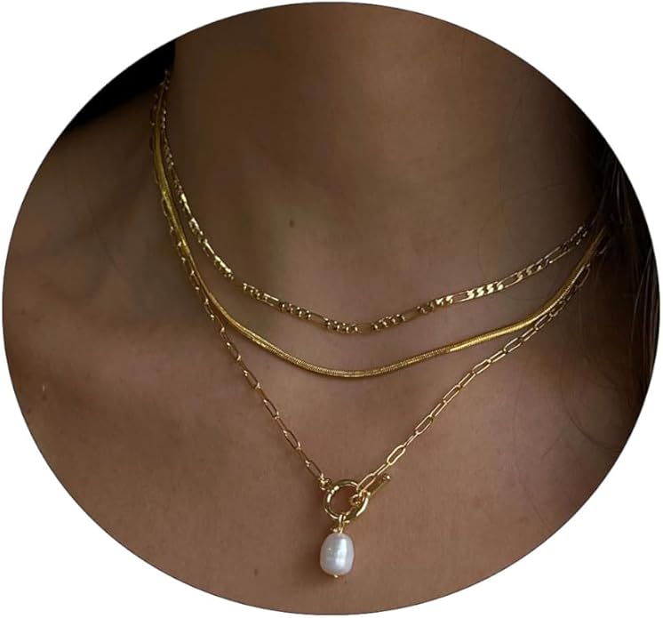 ASCOMY Layered Necklaces for Women Dainty Gold Necklace 14K Gold Plated Herringbone Necklace for Women Pearl Cross Necklace Paperclip Cuban Figaro Rope Satellite Chain Gold Choker Trendy Jewelry Gift