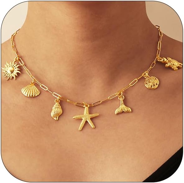 Charm Necklace for Women, 14K Gold Plated Shell Sun Starfish Summer Beach Necklace 16+3" Paperclip Chain Jewelry Gifts