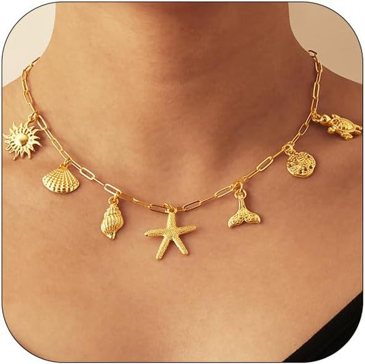 Charm Necklace for Women, 14K Gold Plated Shell Sun Starfish Summer Beach Necklace 16+3" Paperclip Chain Jewelry Gifts