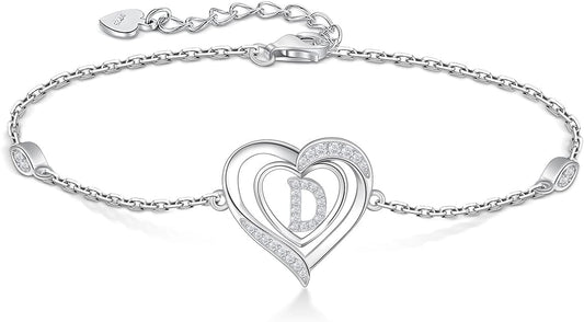 RIVIKO Heart Initial Bracelets for Women,925 Sterling Silver Letter Bracelets, Personalized Charm Alphabet Jewelry Valentines Christmas Mother’s Day Birthday Gifts for Women Friend Her Mom Wife Lady