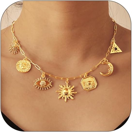 Charm Necklace for Women, 14K Gold Plated Shell Sun Starfish Summer Beach Necklace 16+3" Paperclip Chain Jewelry Gifts
