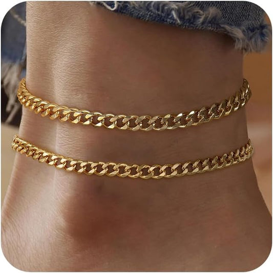 Ritach Ankle Bracelets for Women - Stainless Steel Silver/Gold Anklets for Women Waterproof Layered Cuban Link Figaro Chain Heart Anklets Set Summer Beach Jewelry Gifts