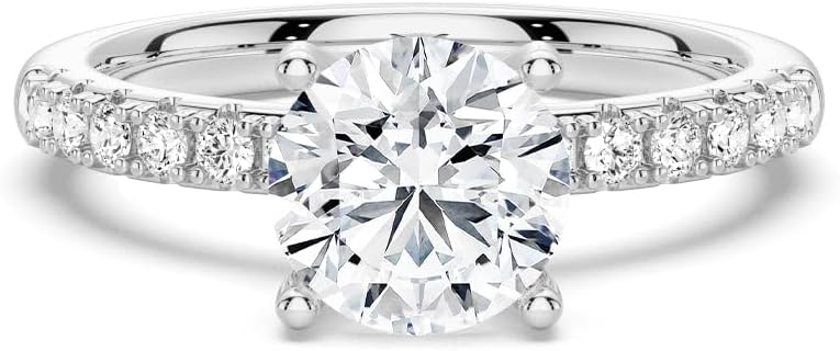 MSBLUE® 1.5ct Round Cut Moissanite Engagement Ring, Solitaire with Pavé Accents, 14K Gold Vermeil, Rhodium Finish