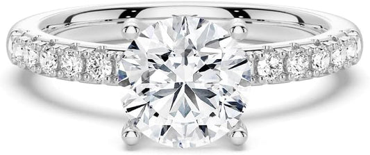 MSBLUE® 1.5ct Round Cut Moissanite Engagement Ring, Solitaire with Pavé Accents, 14K Gold Vermeil, Rhodium Finish