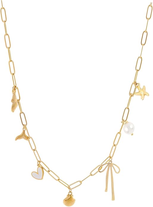 Charm Necklace for Women 14K Gold Plated Shell Cowgirl Boot Horseshoe Bow Heart Pendant Necklace Beach Western Jewelry