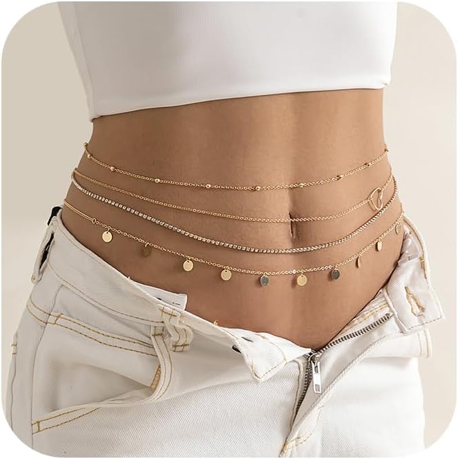 MODRSA Gold Chain Belt - Fashion Waist Chain Belt with Moon, Butterfly Rhinestone & Layered Design