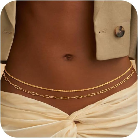 CHESKY Gold Waist Chain, 14K Gold Plated Belly Chain Adjustable Waterproof Body Chain Sexy Bikini Waist Beads for Women Satellite Beads Diamond Pearl Coin Chain Dainty Body Chain Jewelry for Women