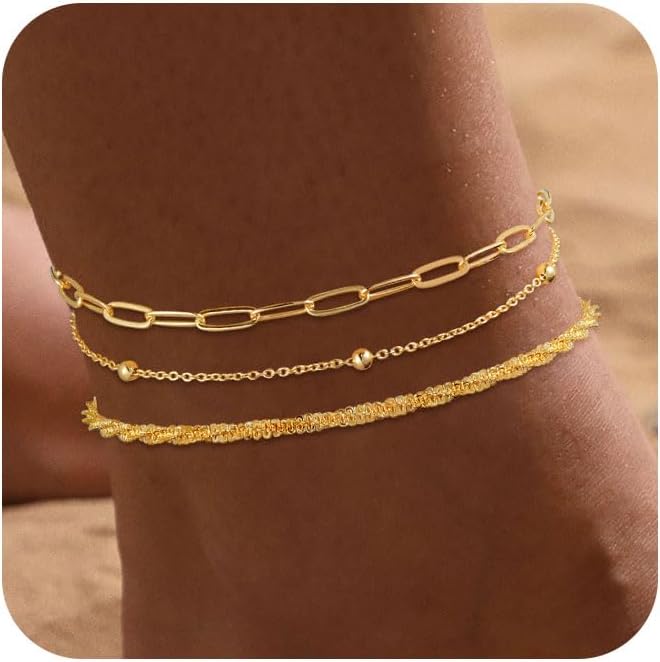 Ankle Bracelets for Women 14K Real Gold Silver Plated Ankle Bracelets Waterproof Heart Beads Rope Satellite Anklets Set Adjustable Layered Anklet Bracelets No Tarnish Summer Beach Jewelry Gift