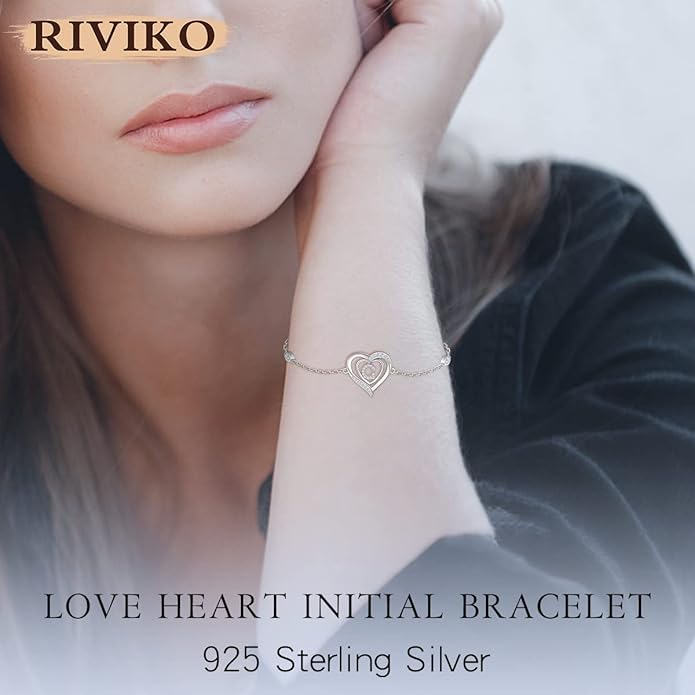 RIVIKO Heart Initial Bracelets for Women,925 Sterling Silver Letter Bracelets, Personalized Charm Alphabet Jewelry Valentines Christmas Mother’s Day Birthday Gifts for Women Friend Her Mom Wife Lady