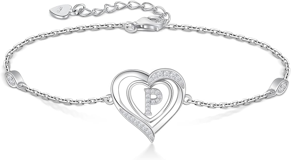 RIVIKO Heart Initial Bracelets for Women,925 Sterling Silver Letter Bracelets, Personalized Charm Alphabet Jewelry Valentines Christmas Mother’s Day Birthday Gifts for Women Friend Her Mom Wife Lady