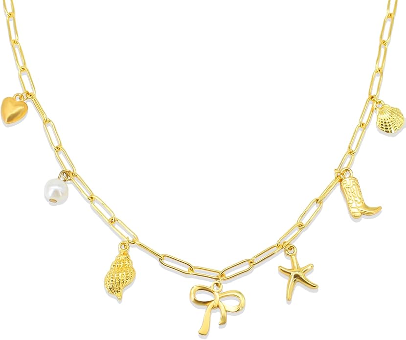 Gold Plated Paperclip Chain Beach Charm Necklace for Women Cute Shell Bow Dainty Beachy Starfish Pearl Seashell Strawberry Fruit Heart Mermaid Summer Jewelry Gift