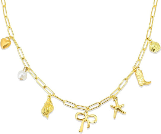 Gold Plated Paperclip Chain Beach Charm Necklace for Women Cute Shell Bow Dainty Beachy Starfish Pearl Seashell Strawberry Fruit Heart Mermaid Summer Jewelry Gift