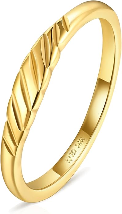 NOKMIT 1.5mm 14K Gold Filled Slim Signet Rings Thin Croissant Pinky Ring for Women Girls Dainty Gold Twisted Stacking Statement Flat Ribbed Plain Band Comfort Fit Size 4 to 10