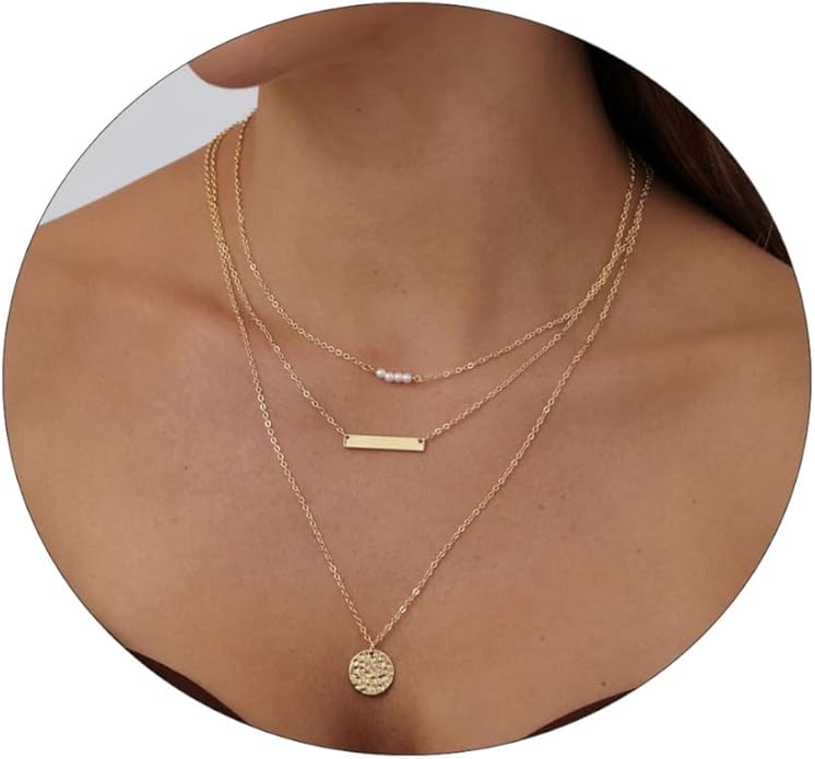 ASCOMY Layered Necklaces for Women Dainty Gold Necklace 14K Gold Plated Herringbone Necklace for Women Pearl Cross Necklace Paperclip Cuban Figaro Rope Satellite Chain Gold Choker Trendy Jewelry Gift