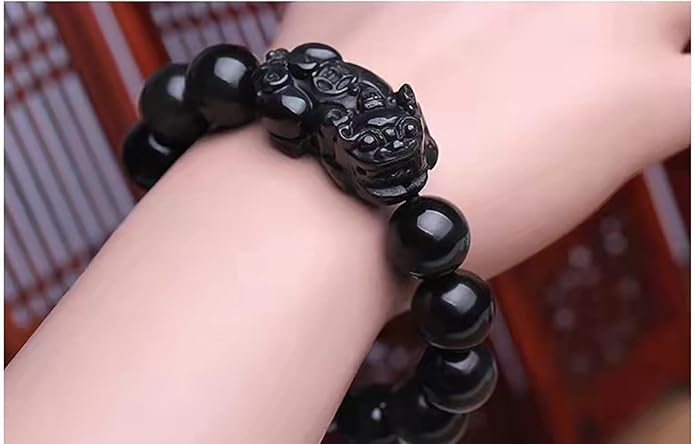 Black Obsidian Bracelet,Feng Shui Black Obsidian Wealth Bracelet for Women Men Stretch Obsidian Bracelet Bangle with Pixiu Tiger Eye Stone Attract Wealth Money and Good Luck