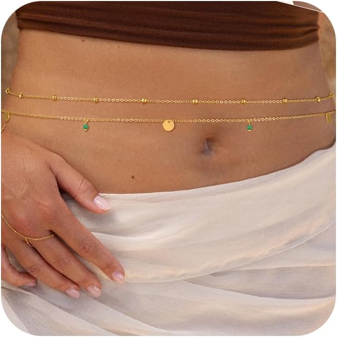 Body Chain for Women 14K Gold Plated Waist Beads Chain Gold Belly Belt Body Chains Waterproof Adjustable Sexy Bikini Beach Body Jewelry Daily Belts Gifts for Women 26.5-33Inch
