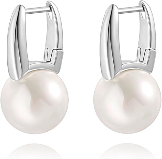 925 Sterling Silver Hoop Handpicked AAA+ Quality 7.5-8mm White Freshwater Cultured Pearl Dangle Drop Earrings Jewelry for Women