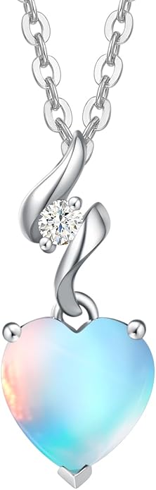 AGVANA 14K Solid White Gold Diamond Gemstone Pendant with Sterling Silver Chain 8mm Heart Birthstone Necklace Fine Jewelry Anniversary Birthday Gifts for Women Mom Wife