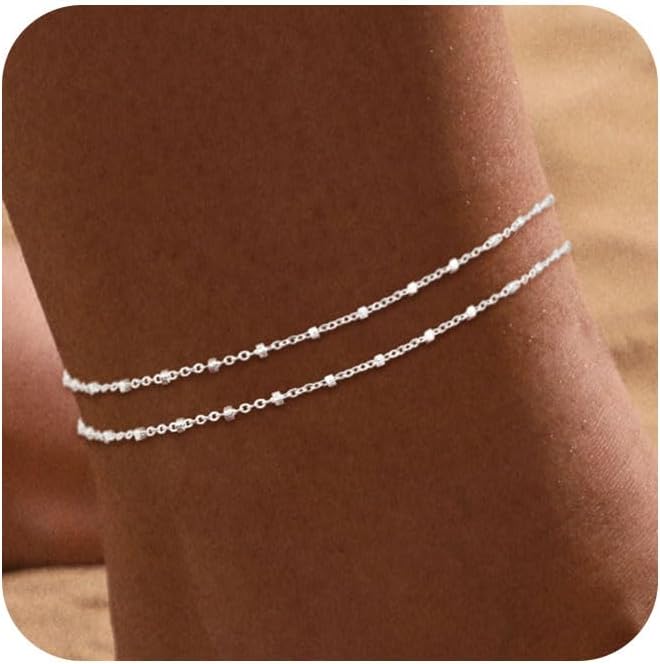 Ankle Bracelets for Women 14K Real Gold Silver Plated Ankle Bracelets Waterproof Heart Beads Rope Satellite Anklets Set Adjustable Layered Anklet Bracelets No Tarnish Summer Beach Jewelry Gift