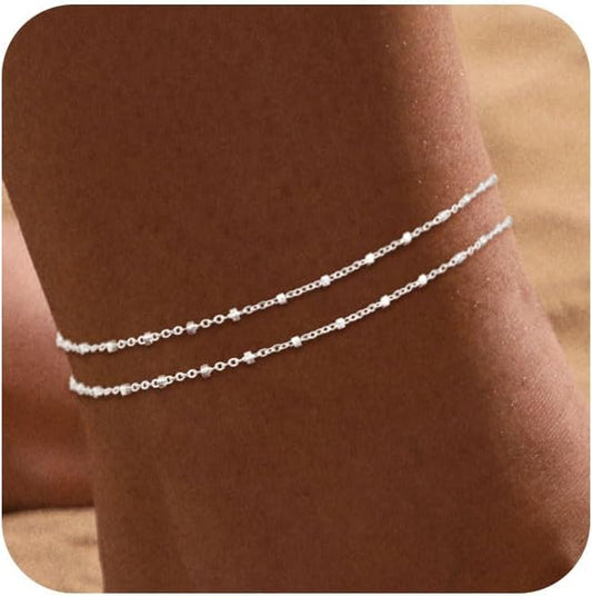 Ankle Bracelets for Women 14K Real Gold Silver Plated Ankle Bracelets Waterproof Heart Beads Rope Satellite Anklets Set Adjustable Layered Anklet Bracelets No Tarnish Summer Beach Jewelry Gift