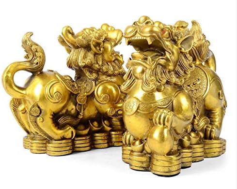 Brass pixiu statue 2set,Feng Shui home Decor a pair pi yao brass sculpture,good luck golden wealth pixiu statue （4.4" L x 1.9" W x 3.6" H ）