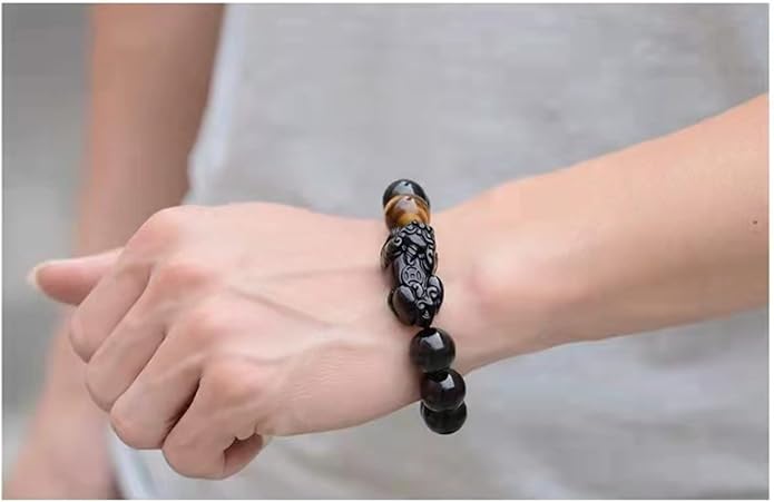 Black Obsidian Bracelet,Feng Shui Black Obsidian Wealth Bracelet for Women Men Stretch Obsidian Bracelet Bangle with Pixiu Tiger Eye Stone Attract Wealth Money and Good Luck