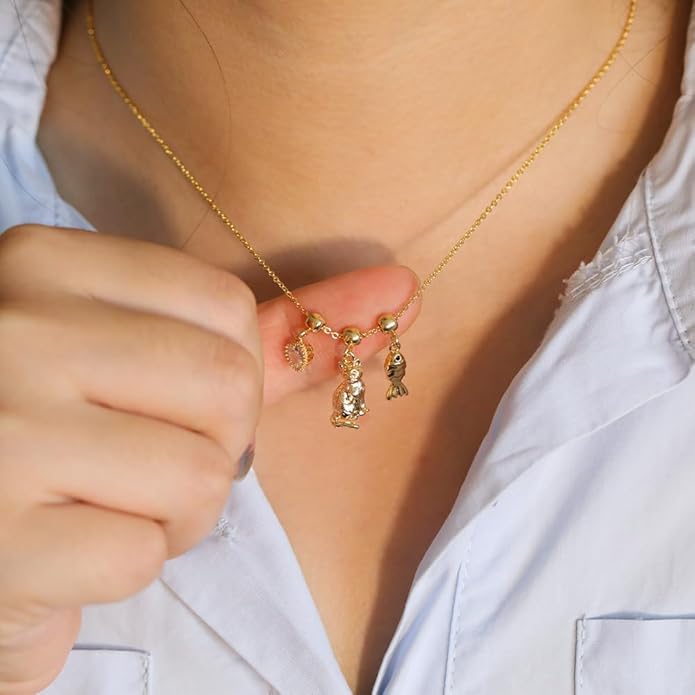 Summer Holiday Necklace,Dainty Chain, Charm Necklace For Women,Cute Cat Charm,Natural Pearls,18k Gold Plated,Choose Your Favorite Charm, Change Easily