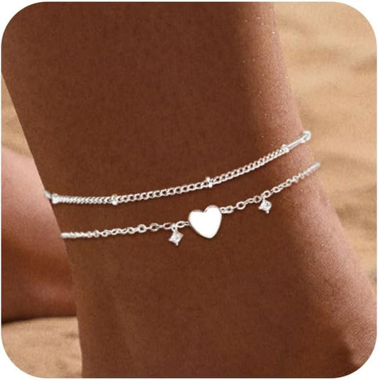 Ankle Bracelets for Women 14K Real Gold Silver Plated Ankle Bracelets Waterproof Heart Beads Rope Satellite Anklets Set Adjustable Layered Anklet Bracelets No Tarnish Summer Beach Jewelry Gift