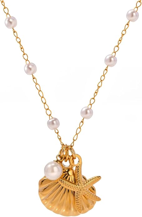 Charm Necklace for Women Pearl Starfish Seashell 14k Gold Summer Beach Surfer Jewelry Necklace Gifts